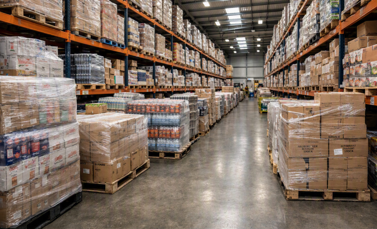 Rows of surplus and clearance stock on pallets in the warehouse